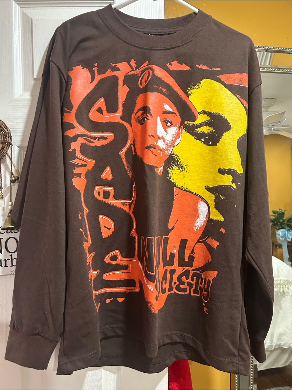Graphic Custom Vintage Brown Long Sleeve Tee with Orange & Yellow Print - Sade